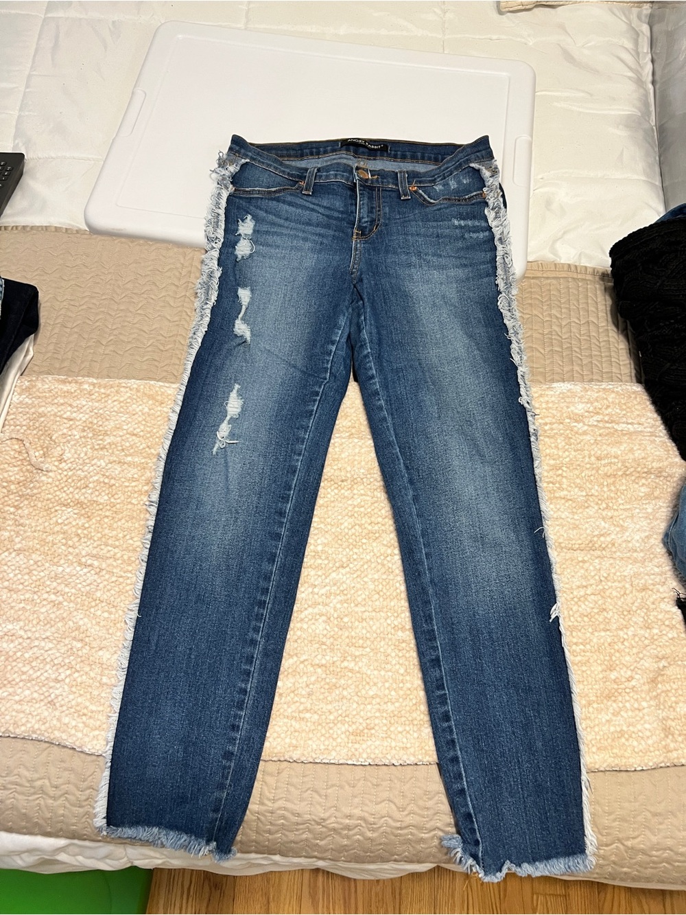 Angry Rabbit Women’s Distressed Fringe-Trim Blue Jeans